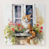 黄色い白いネコ窓の花箱絵画の ジグソーパズル (縦)