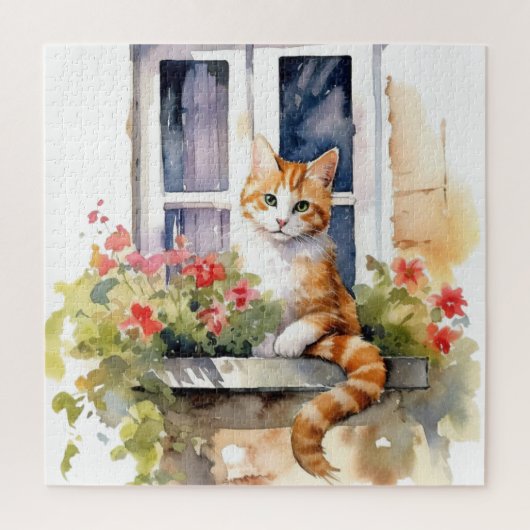 黄色い白いネコ窓の花箱絵画の ジグソーパズル (縦)