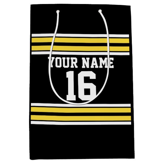 黄色い白のストライプのチームジャージーとの黒 ミディアムペーパーバッグ (正面)