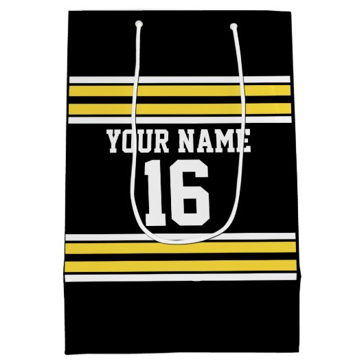 黄色い白のストライプのチームジャージーとの黒 ミディアムペーパーバッグ (裏面)