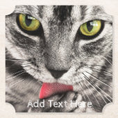 黄色い目が手をなめる灰色の猫 ペーパーコースター (正面)