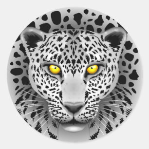 黄色い目の丸いシールを持つ白ヒョウ ラウンドシール