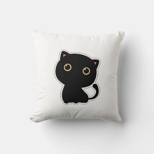 黄色い目の枕をした可愛い黒猫 クッション (正面)