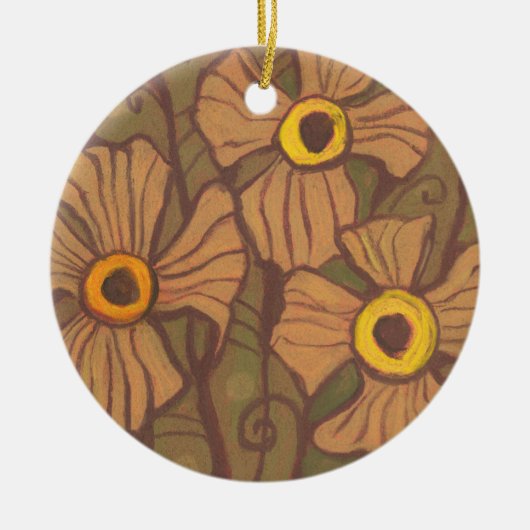 黄色い目の花、フローラアート、オリーブグリーン茶色 セラミックオーナメント (正面)