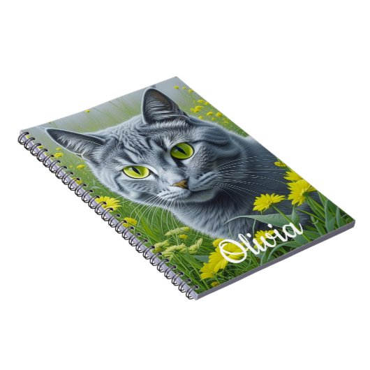 黄色い目をしたキュートな灰色パーソナライズされた猫 ノートブック (右側)