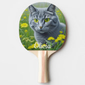 黄色い目をしたキュートな灰色パーソナライズされた猫 卓球ラケット (正面)