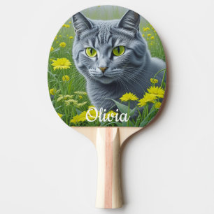 黄色い目をしたキュートな灰色パーソナライズされた猫 卓球ラケット