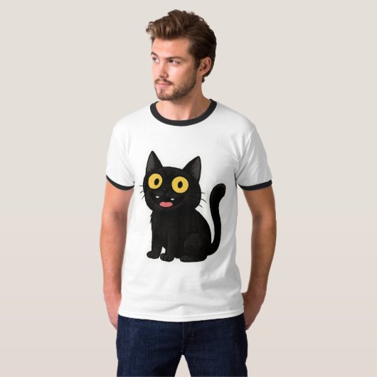黄色い目をした面白い黒猫ステッカー Tシャツ (正面フル)