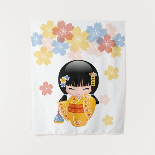 黄色い着物の芸者さん こけし人形 タペストリー (正面)