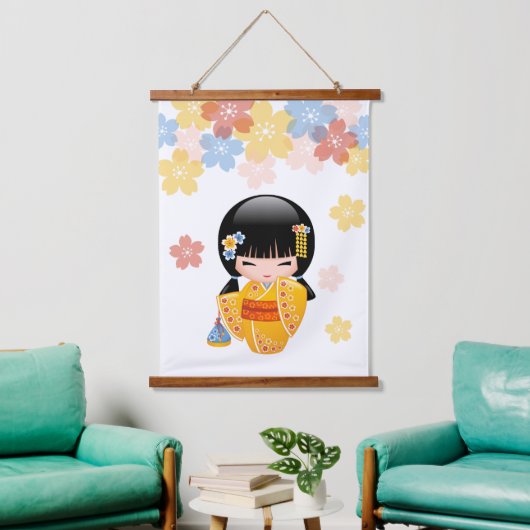 黄色い着物の芸者さん こけし人形 吊り下げ型タペストリー (リビング)