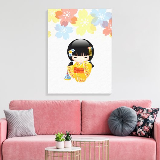 黄色い着物の芸者さん 夏のこけし人形 キャンバスプリント (インサイチュ (リビング))