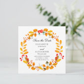 黄色い秋のリース。秋の結婚式のSave the Date 招待状 (スタンド正面)