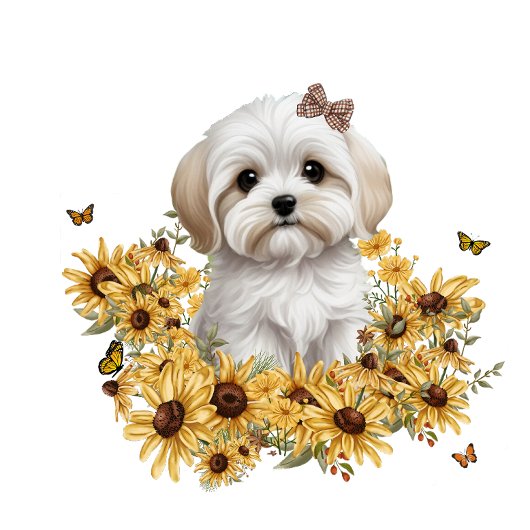 黄色い秋の花とマルチーズの子犬 