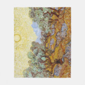 黄色い空と太陽とオリーブの木 フリースブランケット (正面)
