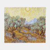 黄色い空と太陽とオリーブの木 フリースブランケット (正面(横))