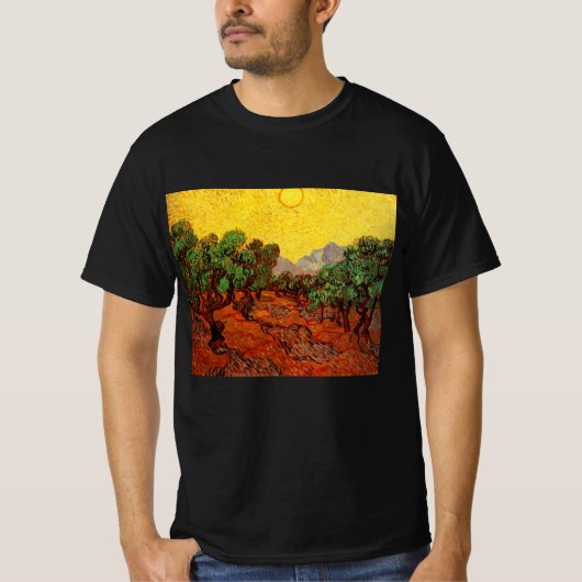 黄色い空と太陽のあるゴッホのオリーブの木 Tシャツ (正面)