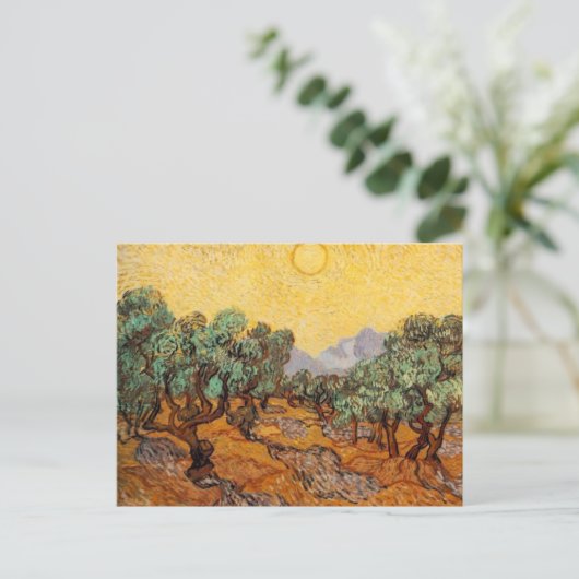 黄色い空と太陽のはがきが付いたオリーブの木 ポストカード (スタンド正面)