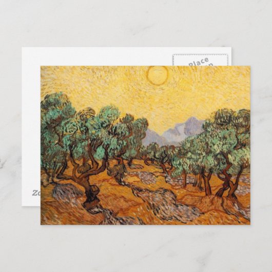 黄色い空と太陽のはがきが付いたオリーブの木 ポストカード (正面/裏面)