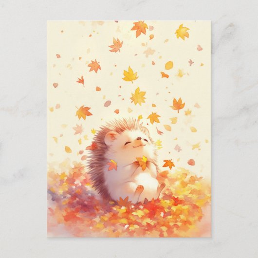 黄色い紅葉の葉を持つハリネズミ ポストカード (正面)