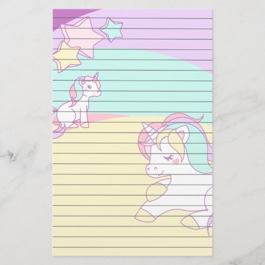 黄色い紫色のピンクおよびTurquoisのパステル調のユニコーン 便箋 (正面)