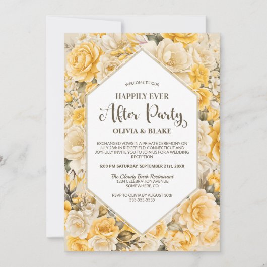 黄色い結婚披露宴の後の幸せなフローラ 招待状 (正面)