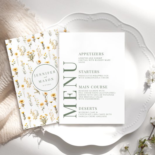 黄色い緑の素朴な野結婚花のメニューカード エンクロージャーカード
