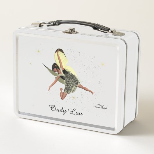 黄色い翼のランチボックスを持つ女の子の妖精 メタルランチボックス (正面)