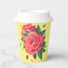 黄色い背景にバレンタインのカップのピンクのバラ 紙コップ