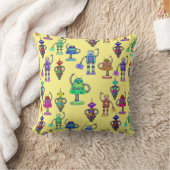 黄色い背景に可愛いカラフルロボット クッション (ブランケット)