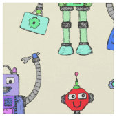 黄色い背景に可愛いカラフルロボット ファブリック (クローズアップ)