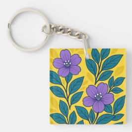 黄色い背景に紫の花とターコイズブルーの葉 キーホルダー