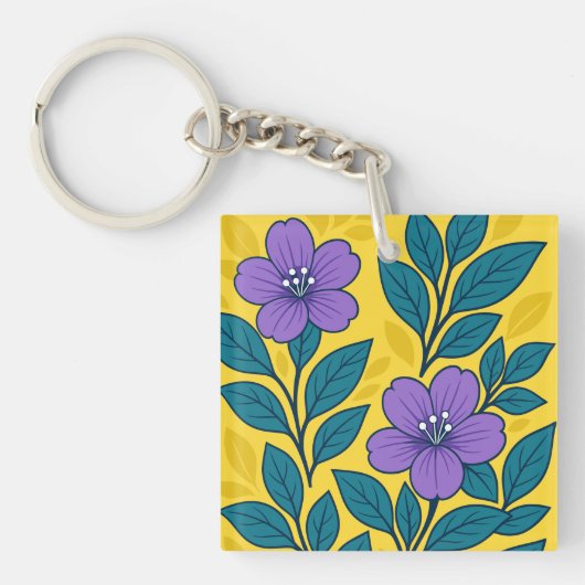 黄色い背景に紫の花とターコイズブルーの葉 キーホルダー (正面)