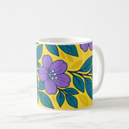 黄色い背景に紫の花とターコイズブルーの葉 コーヒーマグカップ