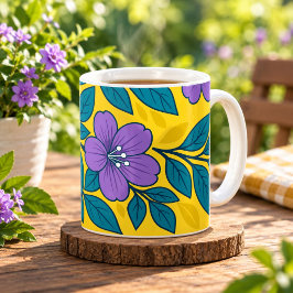 黄色い背景に紫の花とターコイズブルーの葉 コーヒーマグカップ
