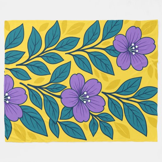 黄色い背景に紫の花とターコイズブルーの葉 フリースブランケット (正面(横))