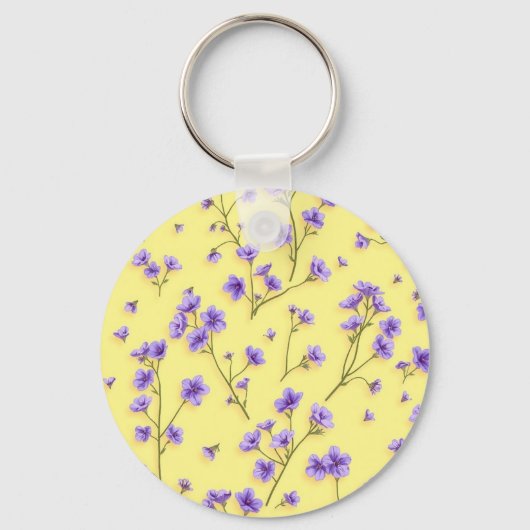 黄色い背景に繊細な紫色の花 キーホルダー (正面)