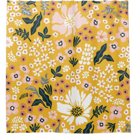 黄色い背景に美しい庭の花。海 シャワーカーテン (正面)