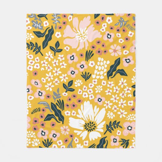 黄色い背景に美しい庭の花。海 フリースブランケット (正面)