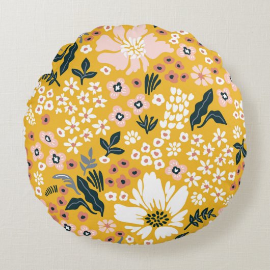 黄色い背景に美しい庭の花。海 ラウンドクッション (正面)