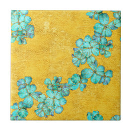 黄色い背景に青い花 タイル