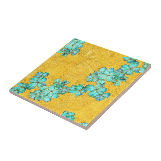 黄色い背景に青い花 タイル (側面)
