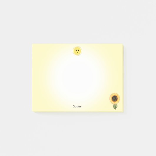 黄色い背景のキュートな幸せな太陽とひまわり ポストイット (正面)