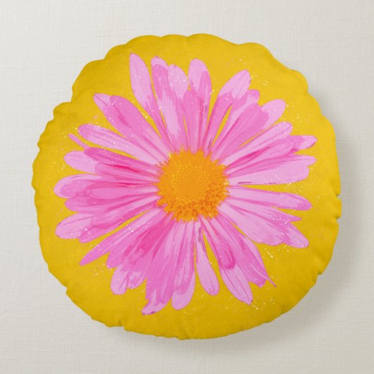 黄色い背景のピンクの花の絵画 ラウンドクッション (正面)