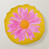 黄色い背景のピンクの花の絵画 ラウンドクッション (裏面)