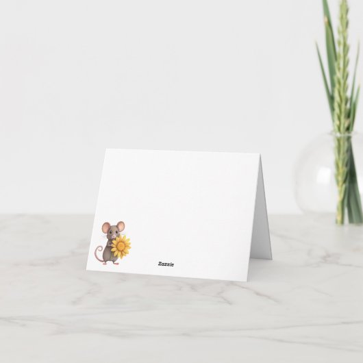 黄色い花が付いたかわいいネズミが元気になる カード (裏面)