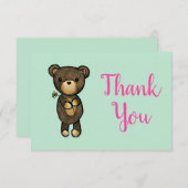 黄色い花が咲き誇る可愛いブラウンベア サンキューカード (正面/裏面)