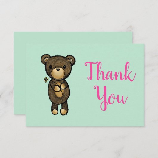 黄色い花が咲き誇る可愛いブラウンベア サンキューカード (正面/裏面)