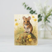 黄色い花が咲く可愛い野ネズミ ポストカード (スタンド正面)
