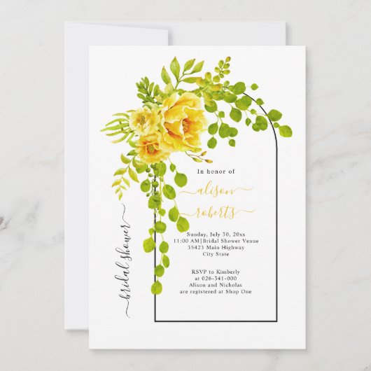 黄色い花とアーチ結婚のブライダルシャワー 招待状 (正面)
