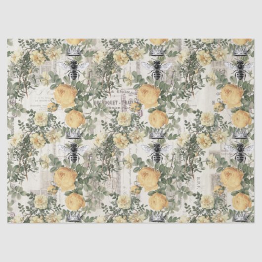 黄色い花とクイーンビーのデコパージュ 薄葉紙 (正面)